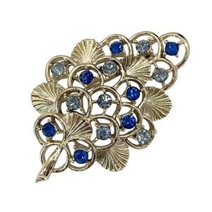 Coro vintage mid century modern MCM blue rhinestone botanical leaf branch brooch